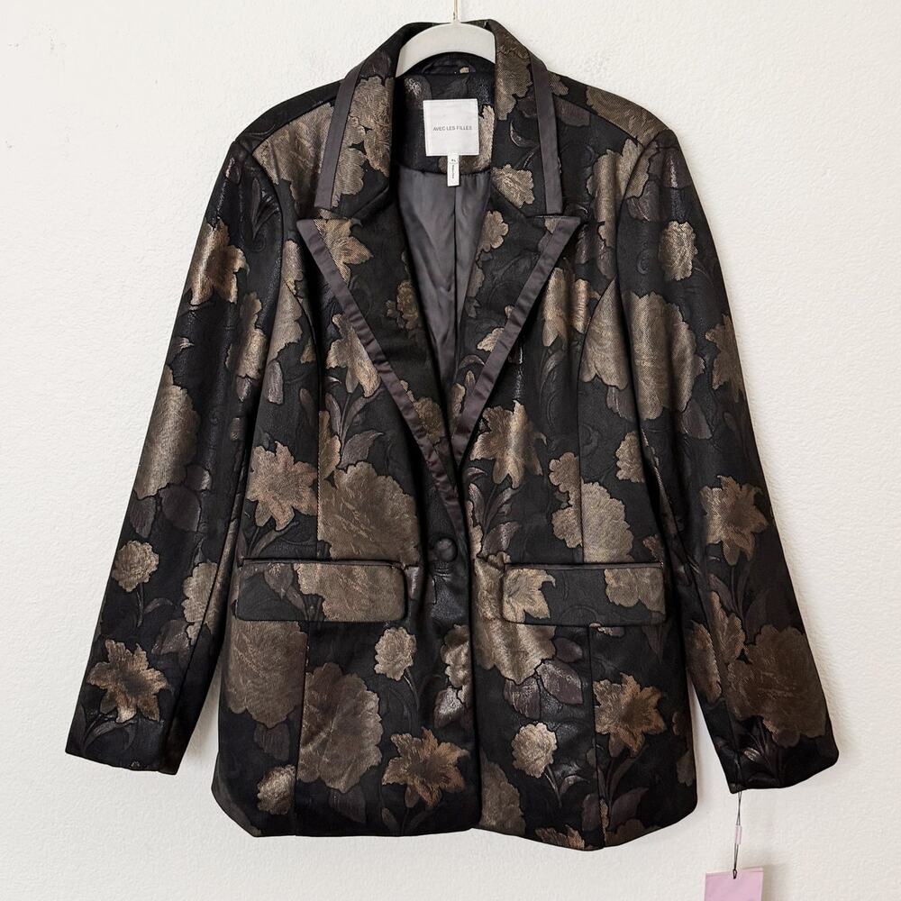 [Avec Les Filles] Black Gold Floral Print Jacquard Tuxedo Blazer Jacket NWT XL